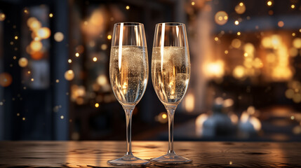 Two glasses of champagne with particles of gold on the table in the evening golden lights,