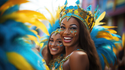 two brazilian girls with traditional feather costume smiling during rio de janeiro carnival parade