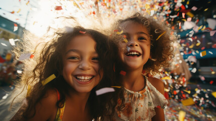 Two mixed race kids happy. Girl and boy with brazilian, latin and african heritage smile at celebration with confetti - obrazy, fototapety, plakaty