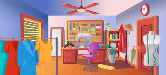Workplace with desk, board, computer, retro phone and shelf. workplace. Vector illustration in cartoon style.