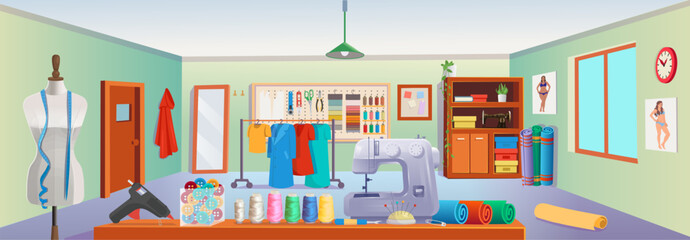 Sewing studio with sewing machine, mannequin, clothes on a hanger, threads and sewing tools.Vector illustration in cartoon style. - obrazy, fototapety, plakaty