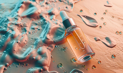 luxury beauty serum bottle with oil droplets on a textured surface - obrazy, fototapety, plakaty