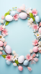 Naklejka na ściany i meble pastel blue easter background, flat lay style, easter eggs and blossom, circle