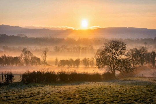 Beautiful Foggy Sunrise at Farm in Ireland