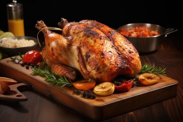 Tasty roast chicken on wooden table