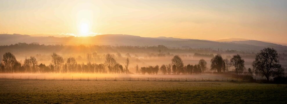Beautiful Foggy Sunrise at Farm in Ireland