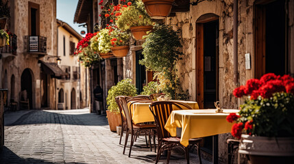 Fototapeta na wymiar Street cafe with tables and chairs in the old mediterranean town.
