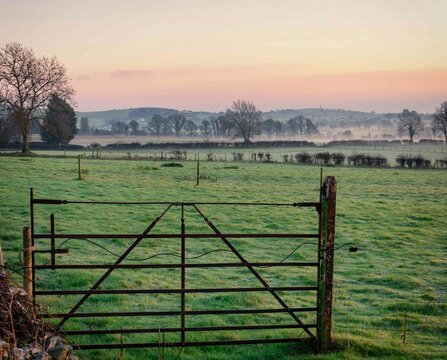 Beautiful Foggy Sunrise at Farm in Ireland