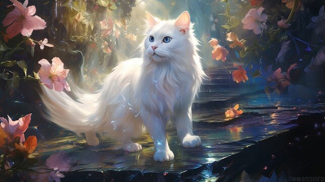 Produce a high-definition image that captures the elegance of a white cat as it dances through the enigmatic world of chemigrams, leaving trails of wonder in its wake.