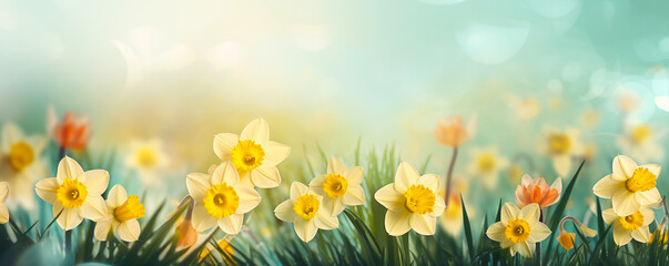 sunny spring background, greenery, daffodil flowers