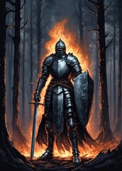 
a knight in armor, with a sword and a shield in his hands. On the background of a burning forest