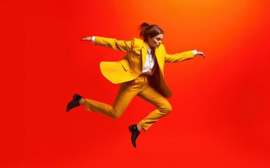 Fototapeta na wymiar Teenage young woman jumping and dancing on red background