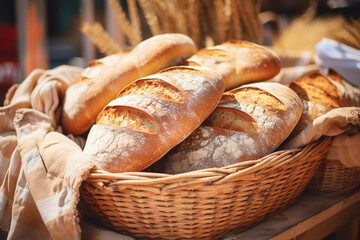 Fresh bread at the farmers market. Loaves of bread displayed in a basket