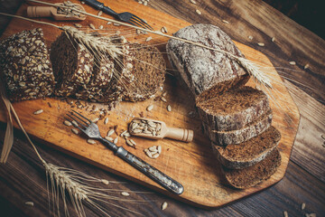 Fresh loaves of bread, various breads for toasts and sandwiches, delicious crispy breads,...