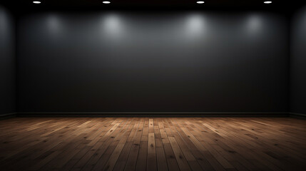 empty room with dark wall and wooden floor - obrazy, fototapety, plakaty