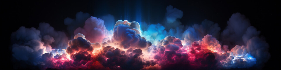 Glowing neon light frames an abstract 3D-rendered cloud, creating a striking contrast against the deep darkness of the night sky. - obrazy, fototapety, plakaty