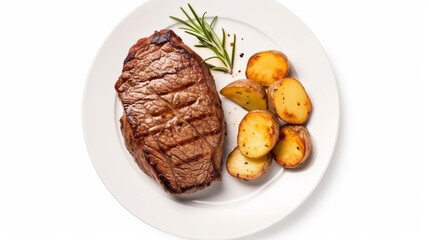 Top view of delicious grilled beef steak and rustic potatoes wedges. AI Generative - obrazy, fototapety, plakaty