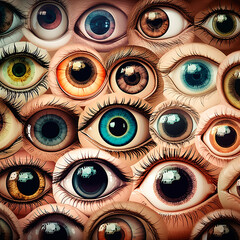 Many human eyes background, different shapes and colors of eyes, creative wallpaper