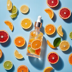 Bottle of cosmetic serum and sliced citrus fruits on light blue background, flat lay