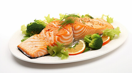 Healthy Salmon Dinner. Fresh raw salmon fillet isolated on white background. AI Generative