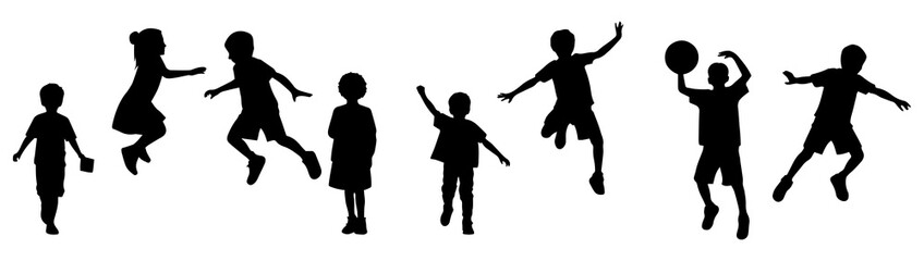 Vector illustration. Silhouette of children. A set of people. Set of stickers. Sample. - obrazy, fototapety, plakaty