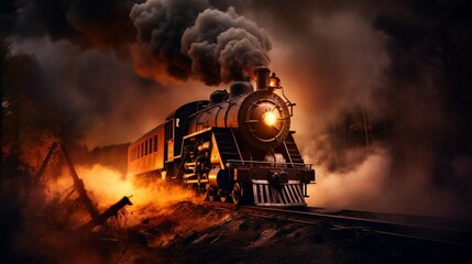 The unyielding force of an old train engine, witnessed through the thick, smoky emissions.