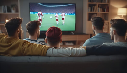 Group of friends watching a football match on TV - obrazy, fototapety, plakaty