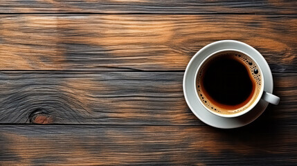 An Americano in a pristine white cup resting on a wooden table - Powered by Adobe