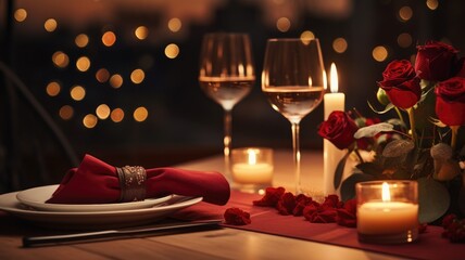 Elegant romantic dinner setup with roses and wine glasses