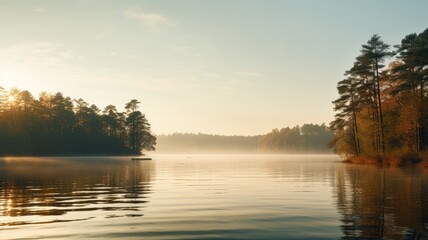Sunrise over a serene lake with mist and forest silhouette