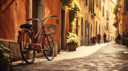 Fototapeta na wymiar Red bicycle leaning against an orange wall on a cobblestone street