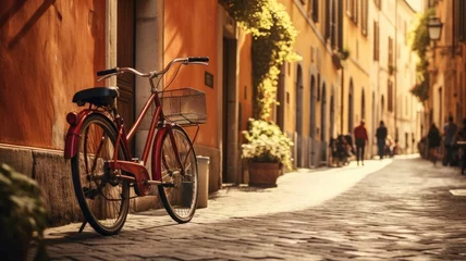 Fototapeten Red bicycle leaning against an orange wall on a cobblestone street © Artyom