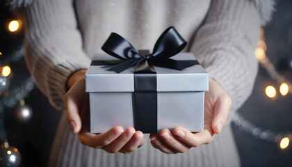 Woman hands holding a luxury silver gray black gift box with bow against a festive background, Xmas and New Year postcard design. Black Friday sales, Birthday celebration party concept