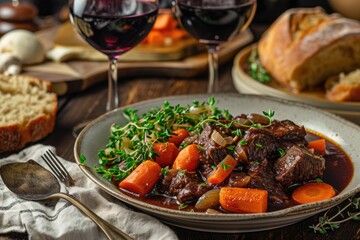 Boeuf Bourguignon: A hearty beef stew made with red wine, beef broth, carrots, onions, and mushrooms, creating a deeply flavorful and tender dish
