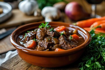 Boeuf Bourguignon: A hearty beef stew made with red wine, beef broth, carrots, onions, and mushrooms, creating a deeply flavorful and tender dish - obrazy, fototapety, plakaty