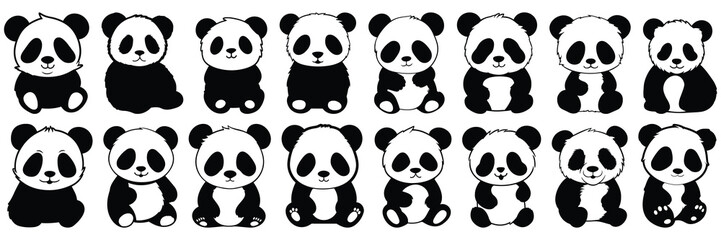 Panda silhouettes set, large pack of vector silhouette design, isolated white background