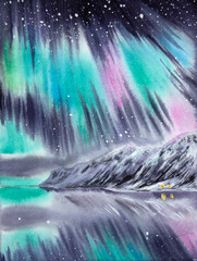 Hand painted watercolor northern lights landscape. Watercolor aurora borealis. Watercolor winter landscape.