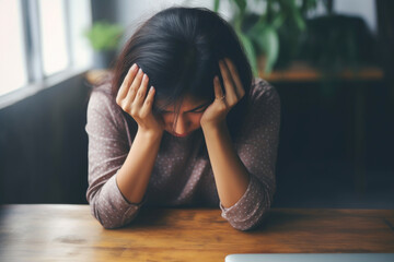 Overwhelmed Office Worker Concealing Face