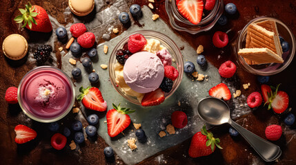 Colorful scoops of ice cream topped with fresh berries