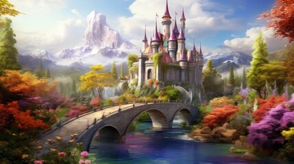 Enchanted castle in colorful fantasy landscape with floral gardens. Fairy tale scenery.