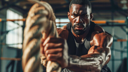 Fototapeta na wymiar black sports man doing battle ropes in the gym