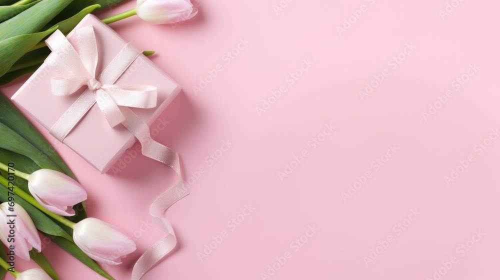 Sticker Gift box with a satin ribbon surrounded by pink tulips and delicate petal decorations on a pastel pink background