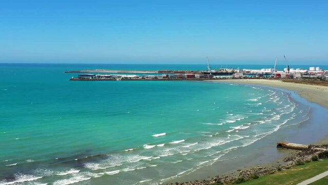 Railway road to Timaru port harbour container terminal &ndash; aerial panorama as 4k.
