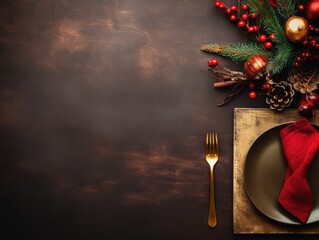 Christmas Dinner Table Setting. Xmas Dinner Background, Festive Rustic Restaurant Decoration
