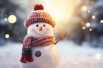 Closeup of cute funny laughing snowman with wool hat and scarf standing in the snow on sunny winter day. Holiday concept.