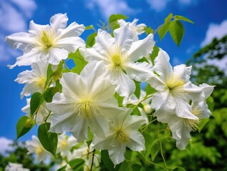 Obraz premium Beautiful Flowers of Clematis Paniculata, Cloud-Like Blooming White Clematis