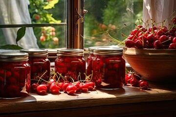 Cherries Compote in Glass Jars, Canned Fruit Drinks, Homemade Cherries Jam Jars on Rustic Window - obrazy, fototapety, plakaty