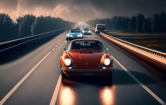 cars drive along the road on the autobahn highway. Generative AI,