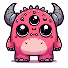 Fototapeta premium Cartoon monster with big eyes, horns, and pink body