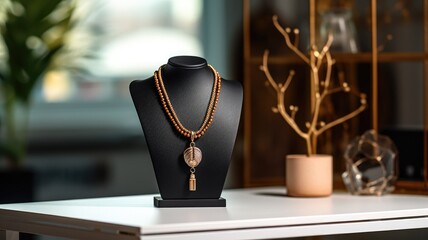 Elegant necklace on display stand with modern interior
